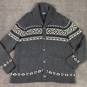 Eddie Bauer Shawl Collar Cardigan Sweater Men's XL Gray Fair Isle Wool Blend